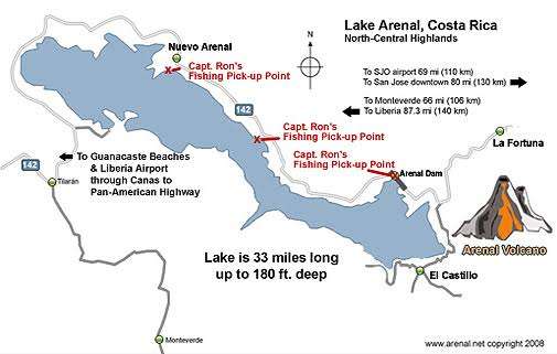 Map of the fishing areas in Lake Arenal Costa Rica